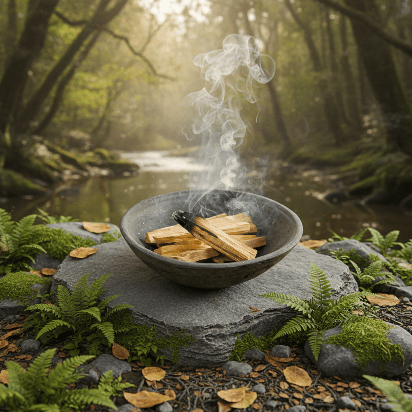 Bâtons de Palo Santo brûlant dans un bol, fumée sacrée pour purification énergétique