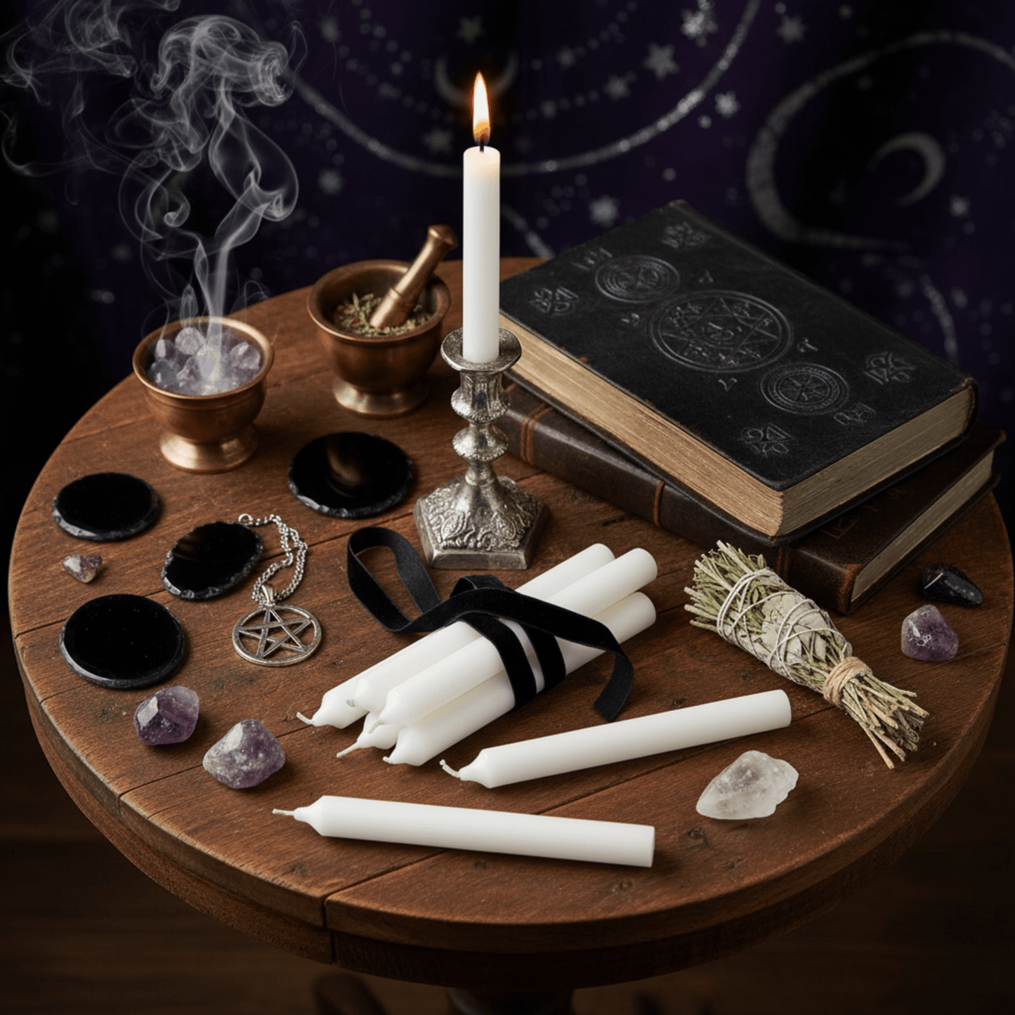 Bougies d’autel blanches avec livre de sorcellerie, encens fumant, améthystes et runes pour rituels spirituels.