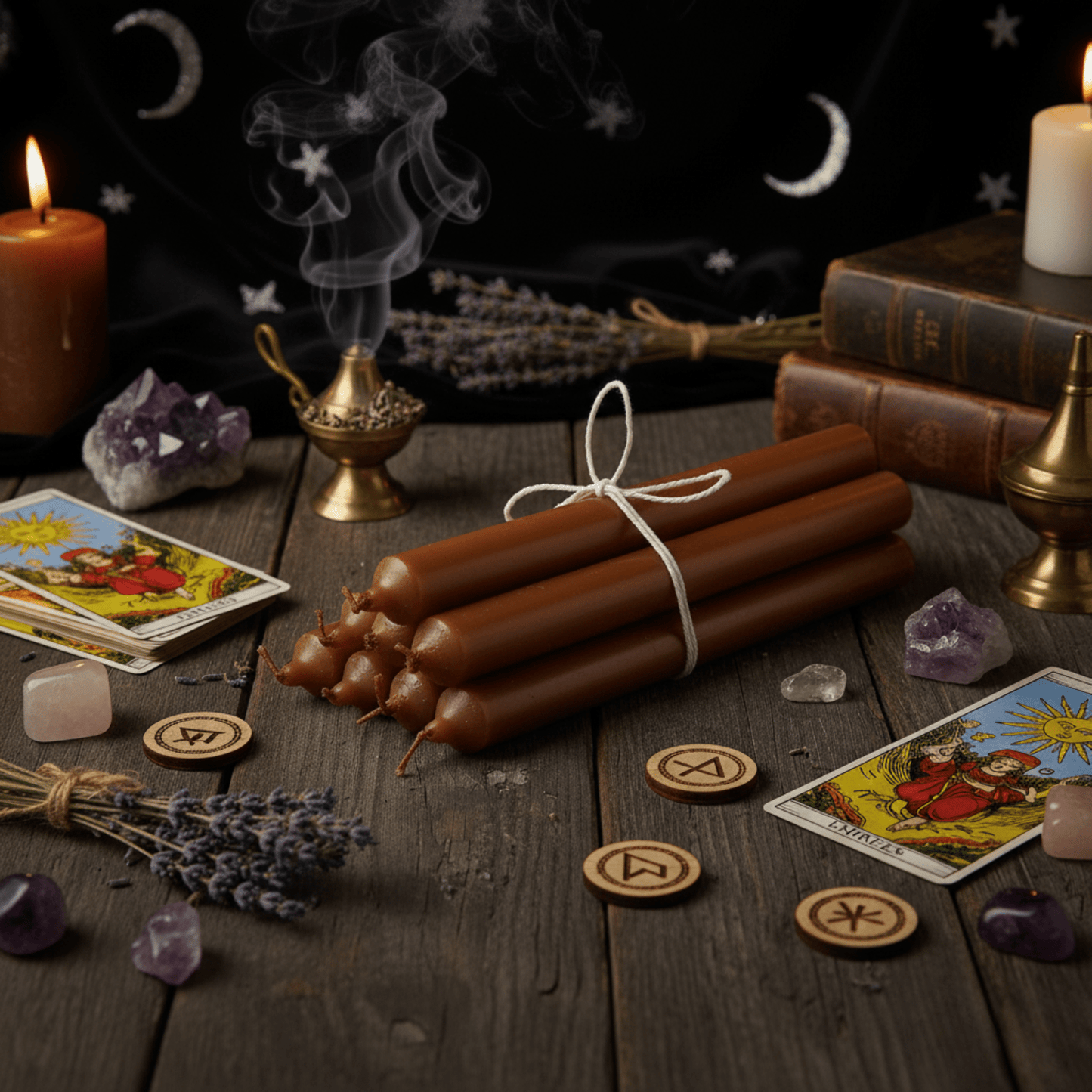 Bougies d’autel marron liées ensemble pour rituels de terre et de protection, avec encens, cristaux et tarot.