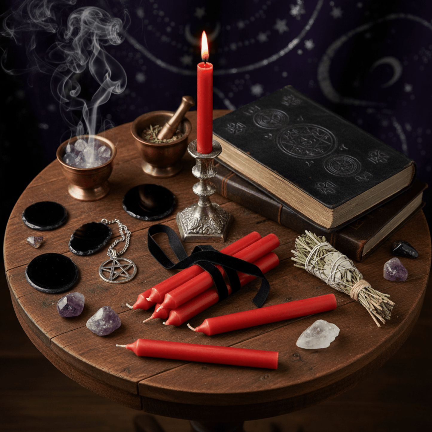 Bougies d’autel rouges pour magie de puissance et courage, entourées de cristaux, encens, runes et livre ésotérique.