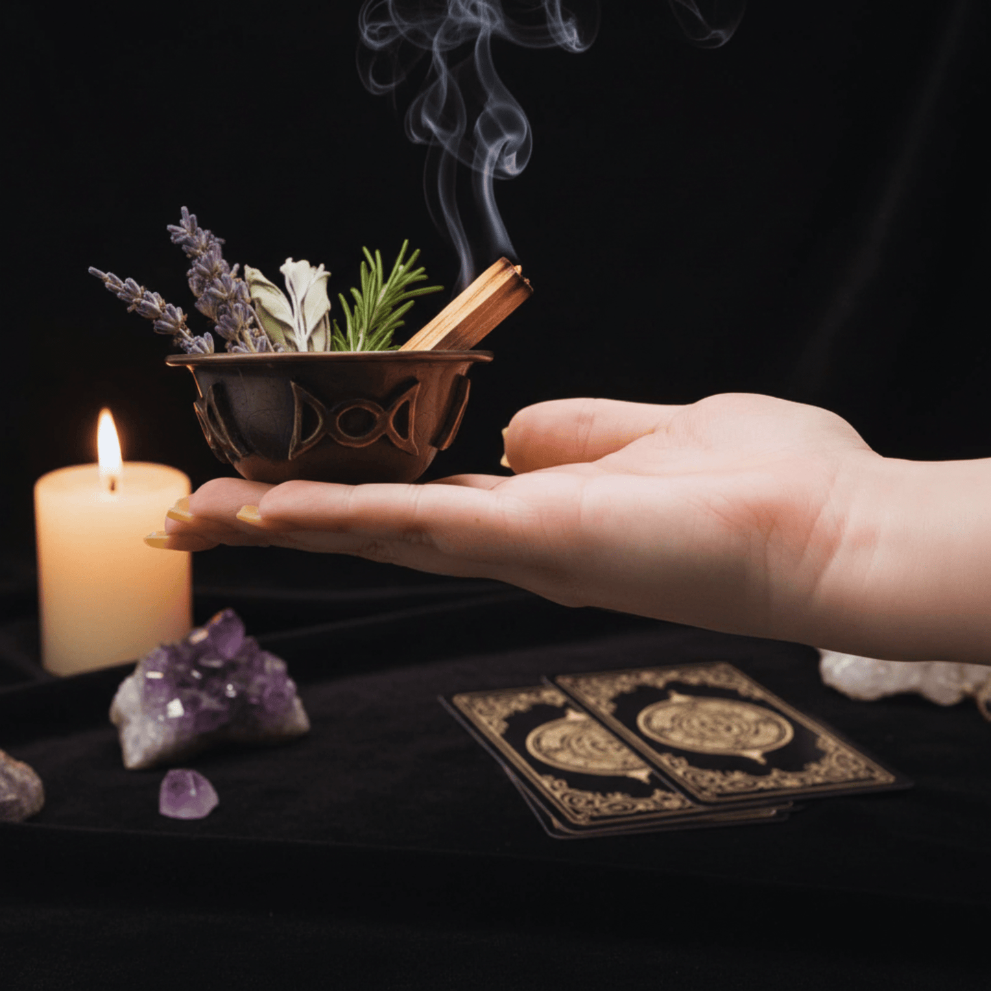Coupe rituelle Triple Lune avec lavande, sauge et encens, tenue dans une main, bougie et cartes oracle en arrière-plan.