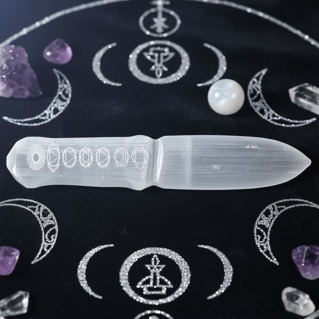Couteau cérémoniel en sélénite translucide décoré des chakras, placé sur un tapis lunaire orné de symboles magiques.