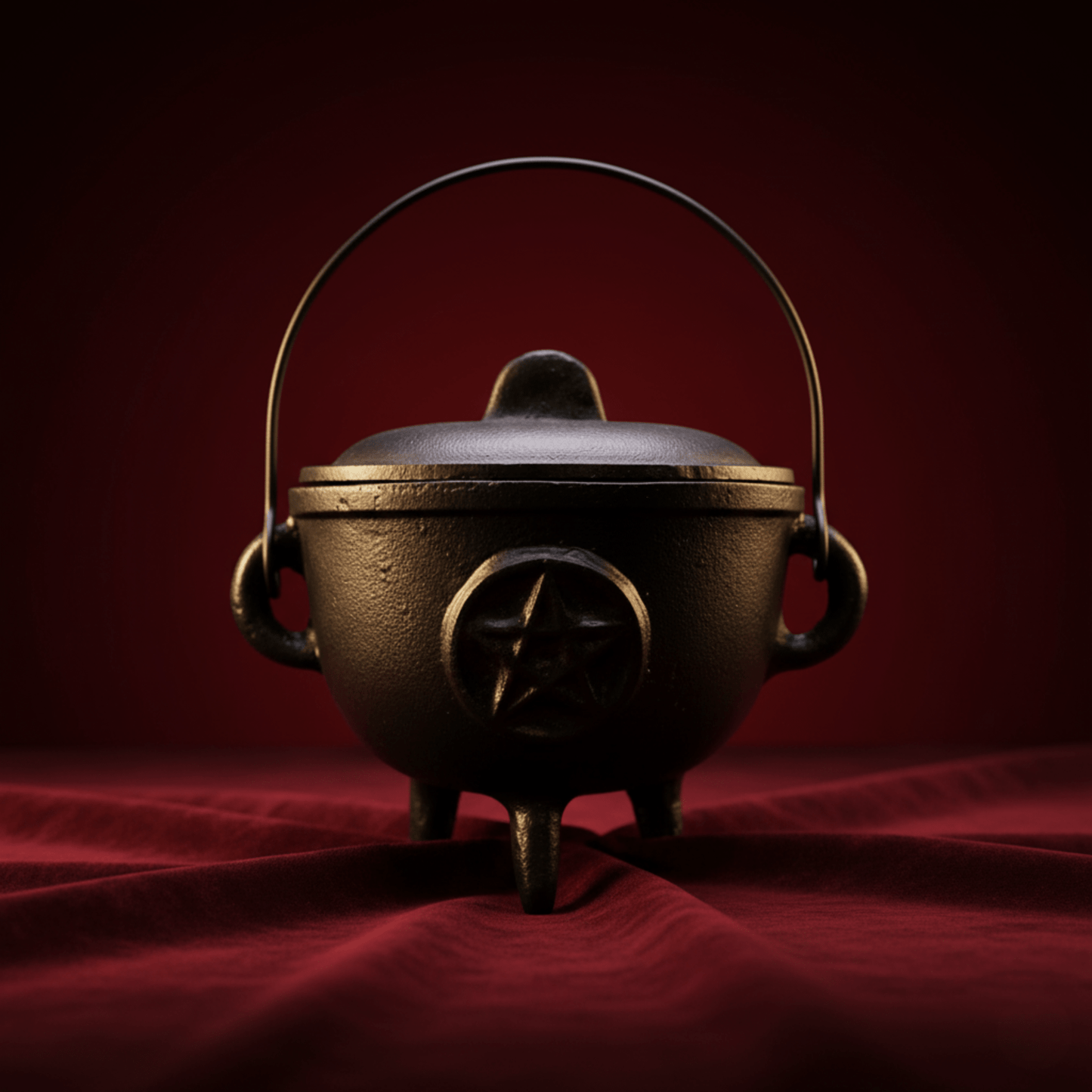 Chaudron rituel en fonte noire avec pentacle et couvercle, outil magique pour rituels, offrandes et encens.
