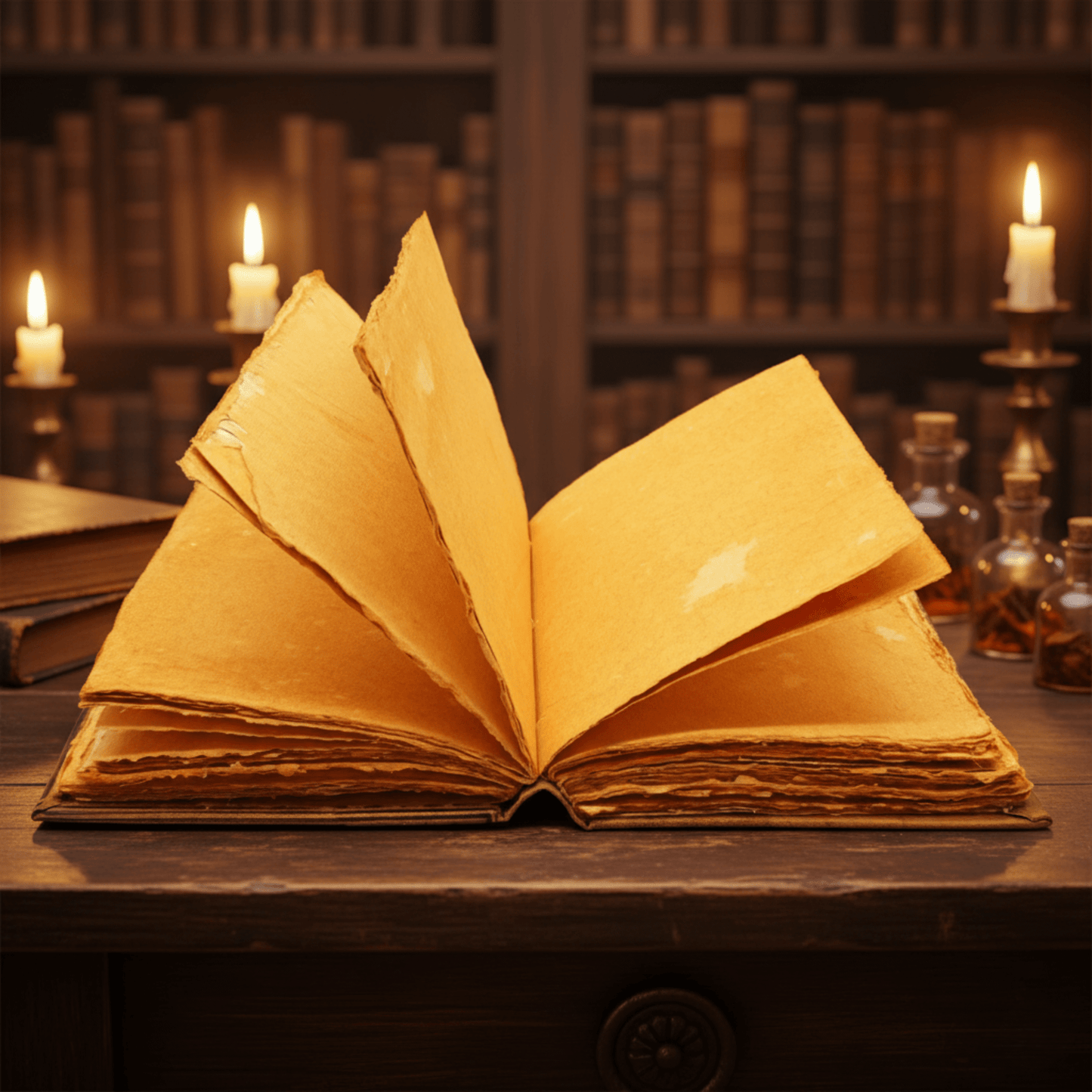 Pages texturées du grimoire hibou ouvertes sur une table en bois, ambiance magique et bougies.