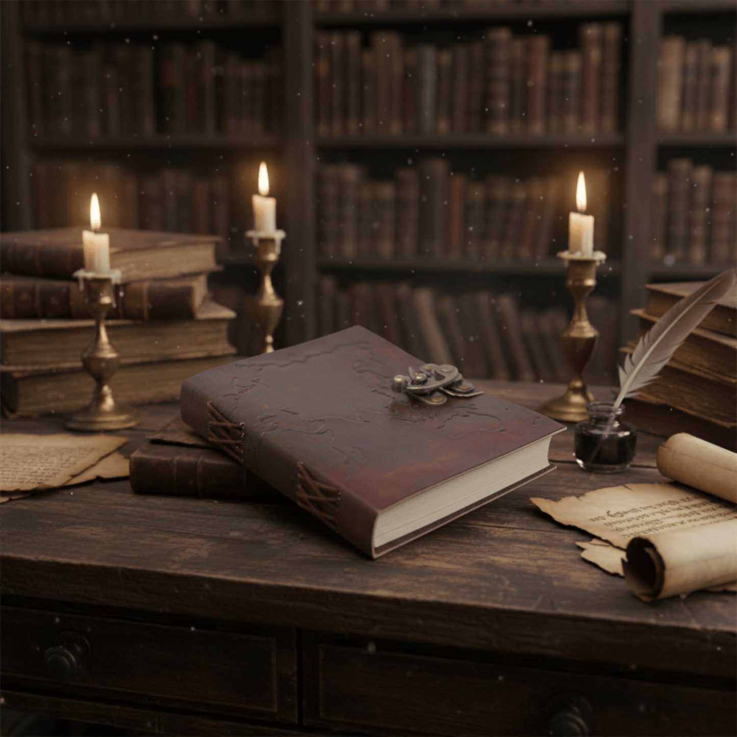 Livre des ombres en cuir carte du monde – grimoire fait main sur table ancienne avec bougies.