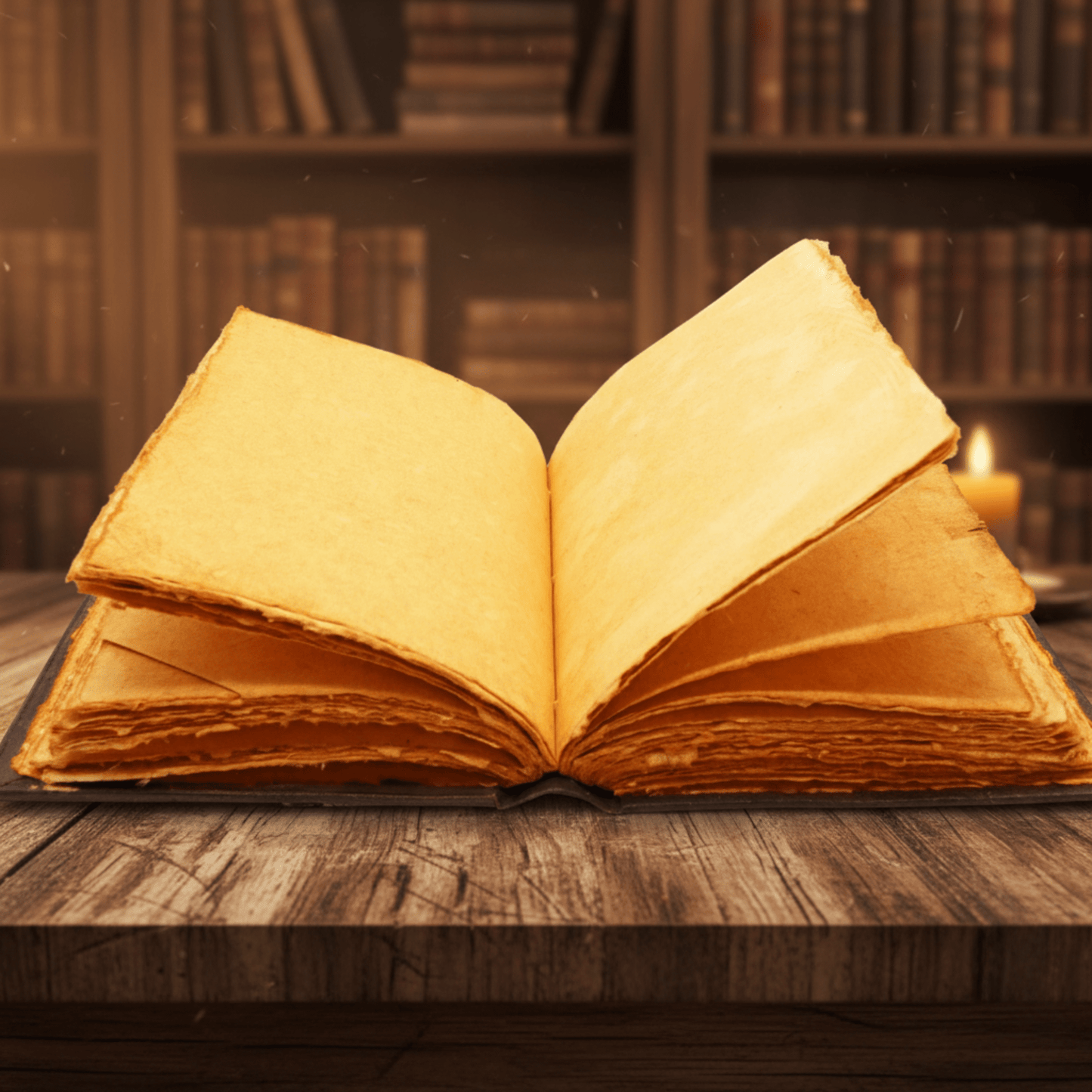 Pages ouvertes d’un grimoire Triple Lune en papier épais artisanal sur un bureau ancien en bois.