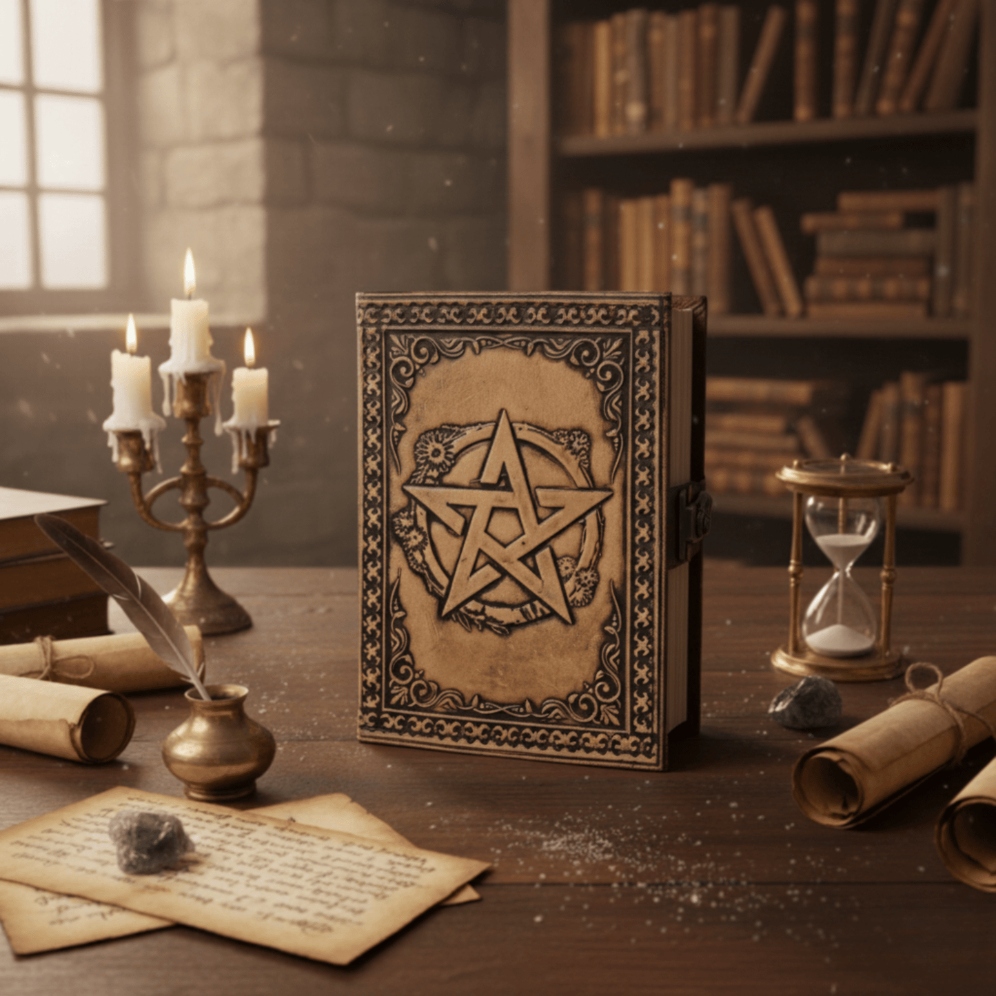 Grimoire pentacle en cuir travaillé, décoré d’un pentacle sacré, éclairé par des bougies dans une bibliothèque.