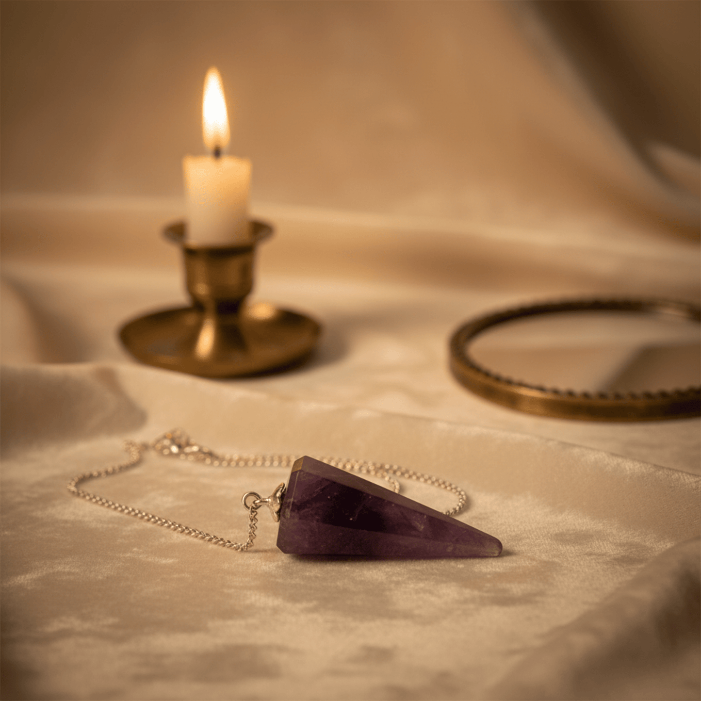 Pendule divinatoire en améthyste, pierre violette taillée posée sur tissu clair, décor mystique avec bougie rituelle