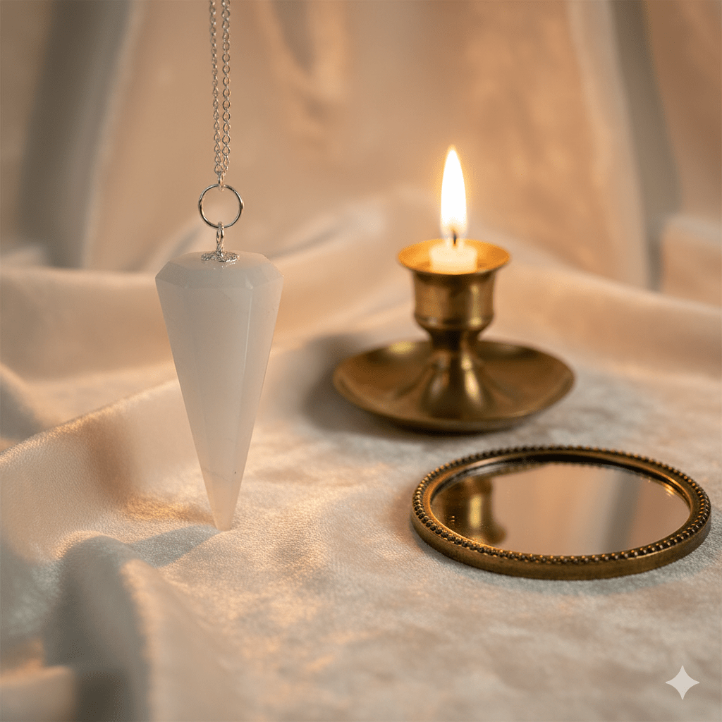 Pendule quartz neige artisanal, pierre blanche laiteuse pour reiki et divination, suspendu près d’un miroir rituel.