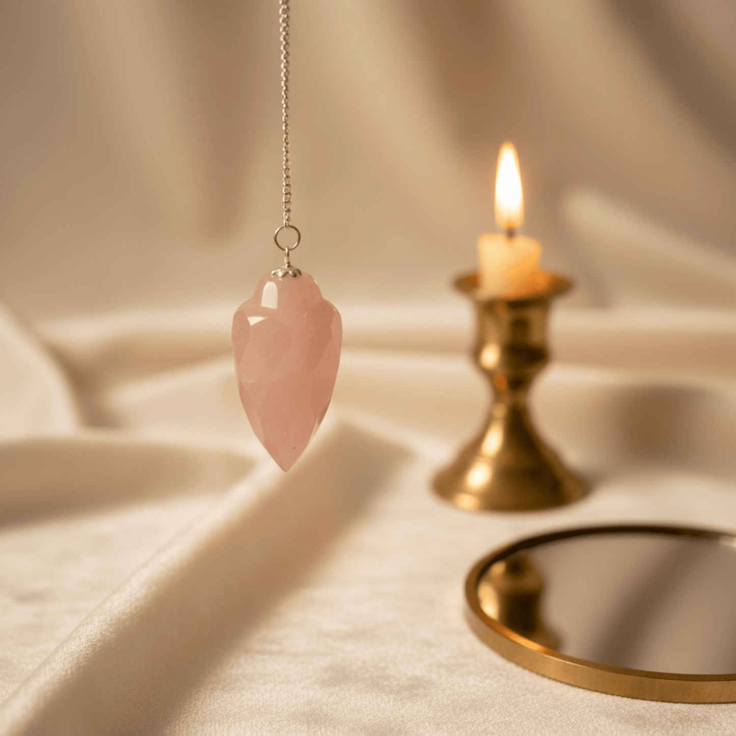 Pendule quartz rose énergétique suspendu, outil de guérison émotionnelle dans un décor spirituel.