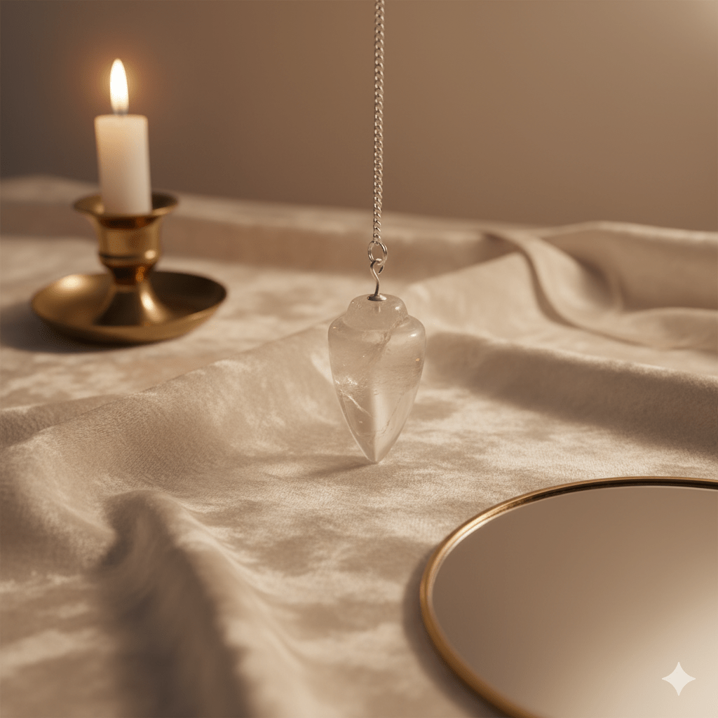 Pendule divinatoire en quartz cristal naturel suspendu, outil énergétique pour intuition et guidance spirituelle.