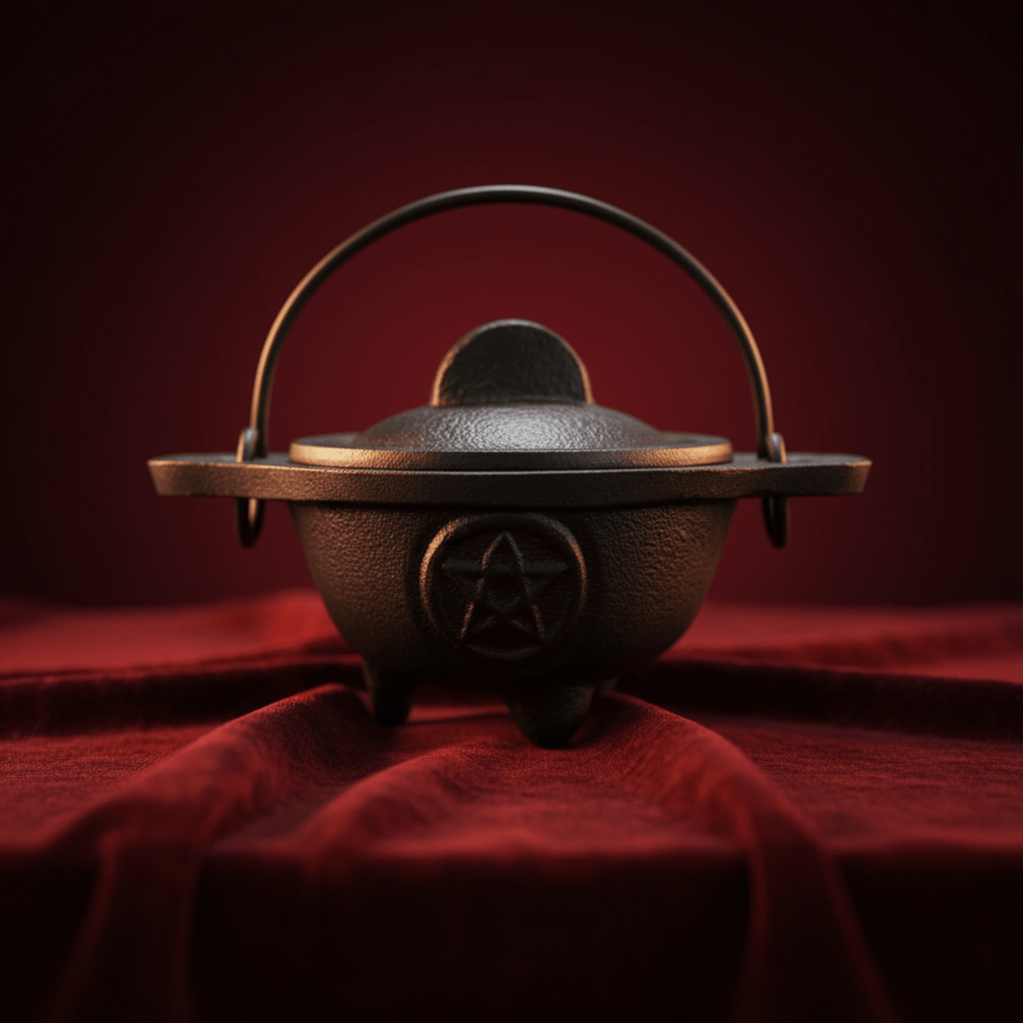 Petit chaudron wicca en fonte noire avec pentacle gravé, accessoire de rituel.