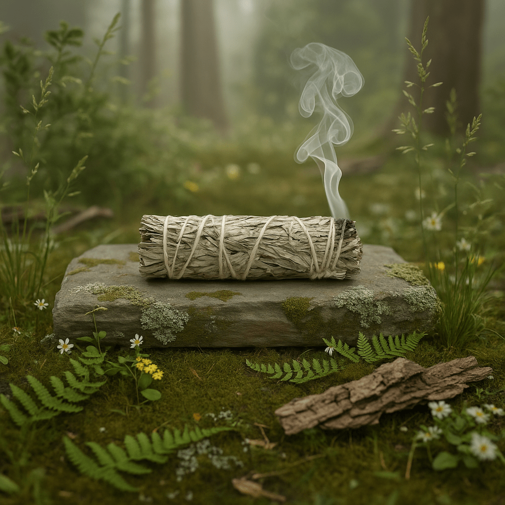 Bâton de sauge bleue allumé dégageant fumée purificatrice sur pierre en forêt, rituel de purification énergétique.