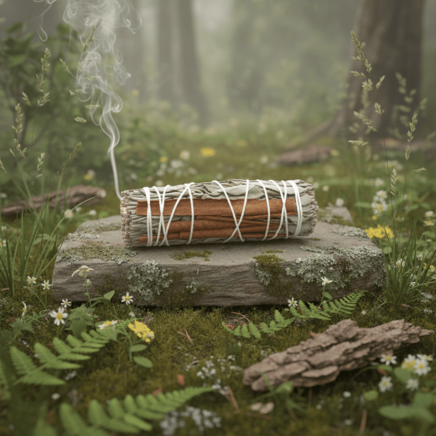 Bâton sauge blanche et cannelle allumé, rituel de purification énergétique en nature.