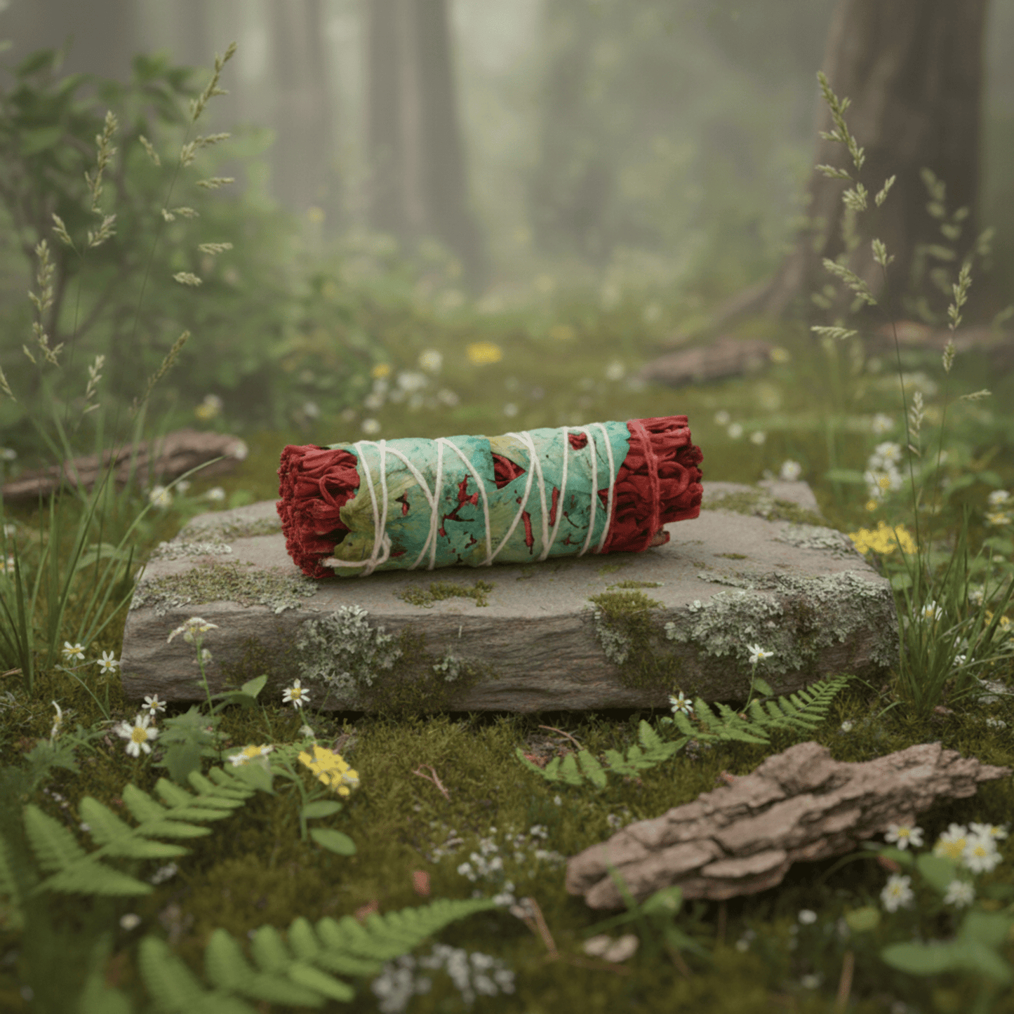 Bâton de fumigation sauge florale au sang de dragon, rituel de purification naturelle, sur pierre dans un décor forestier.