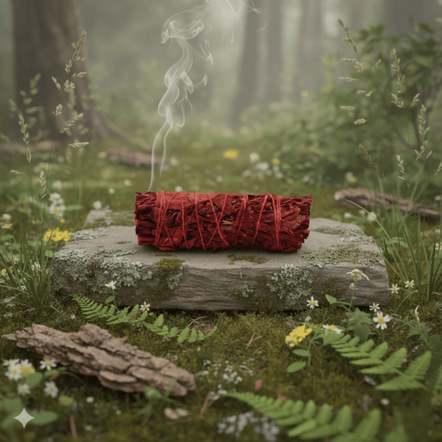 Bâton Sauge au Sang de Dragon fumant en forêt, purification puissante et protection spirituelle.