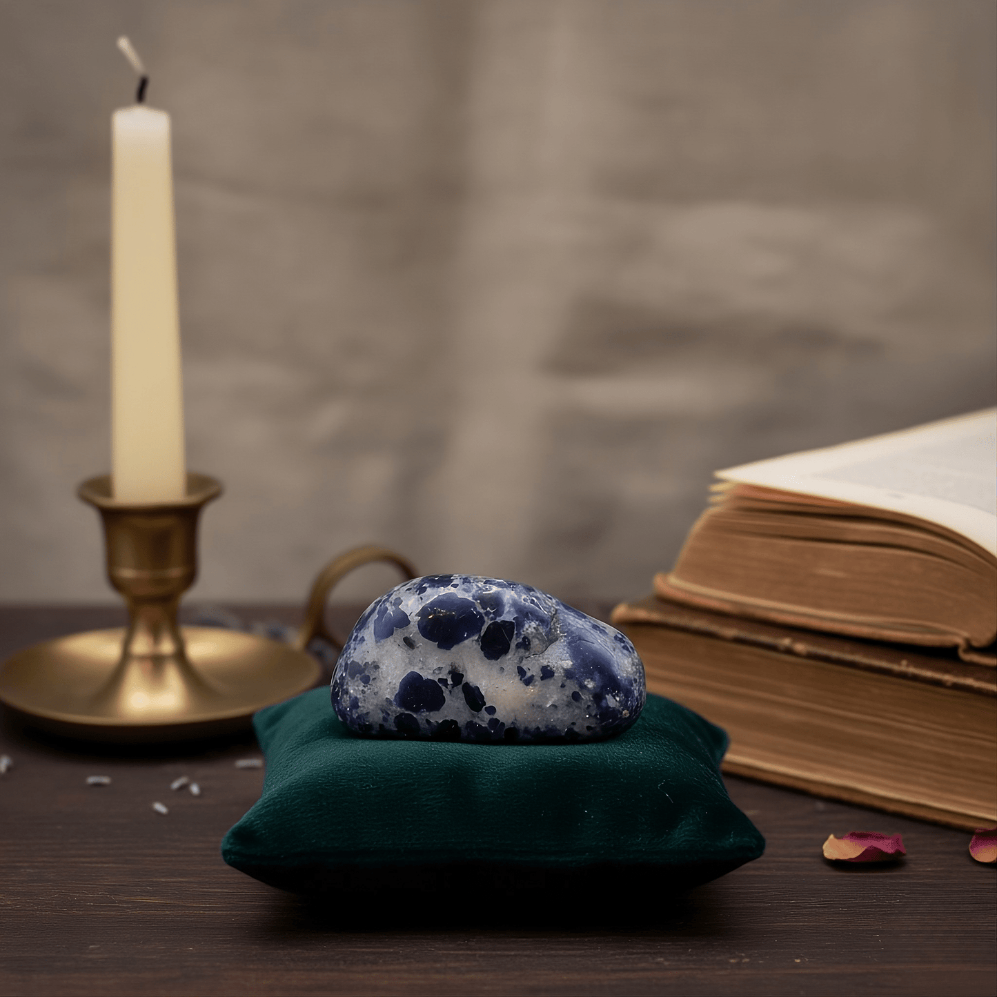 Sodalite polie posée près d’une bougie et de livres anciens, pierre de clarté et sérénité.