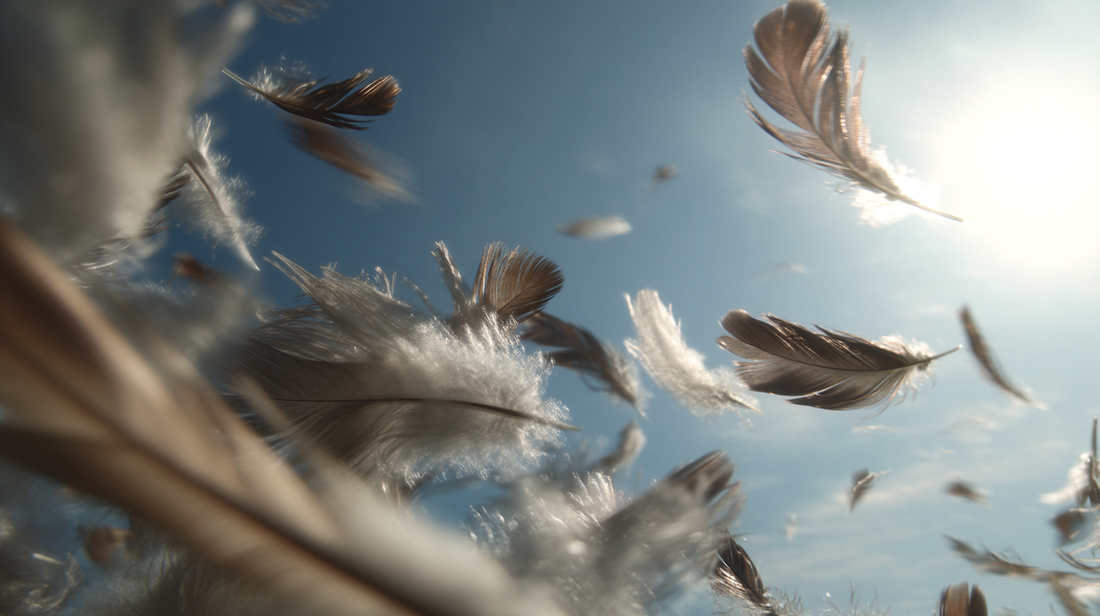 Plumes légères portées par le vent dans un ciel bleu, illustrant l’élément Air, la liberté, le mouvement et la légèreté spirituelle.