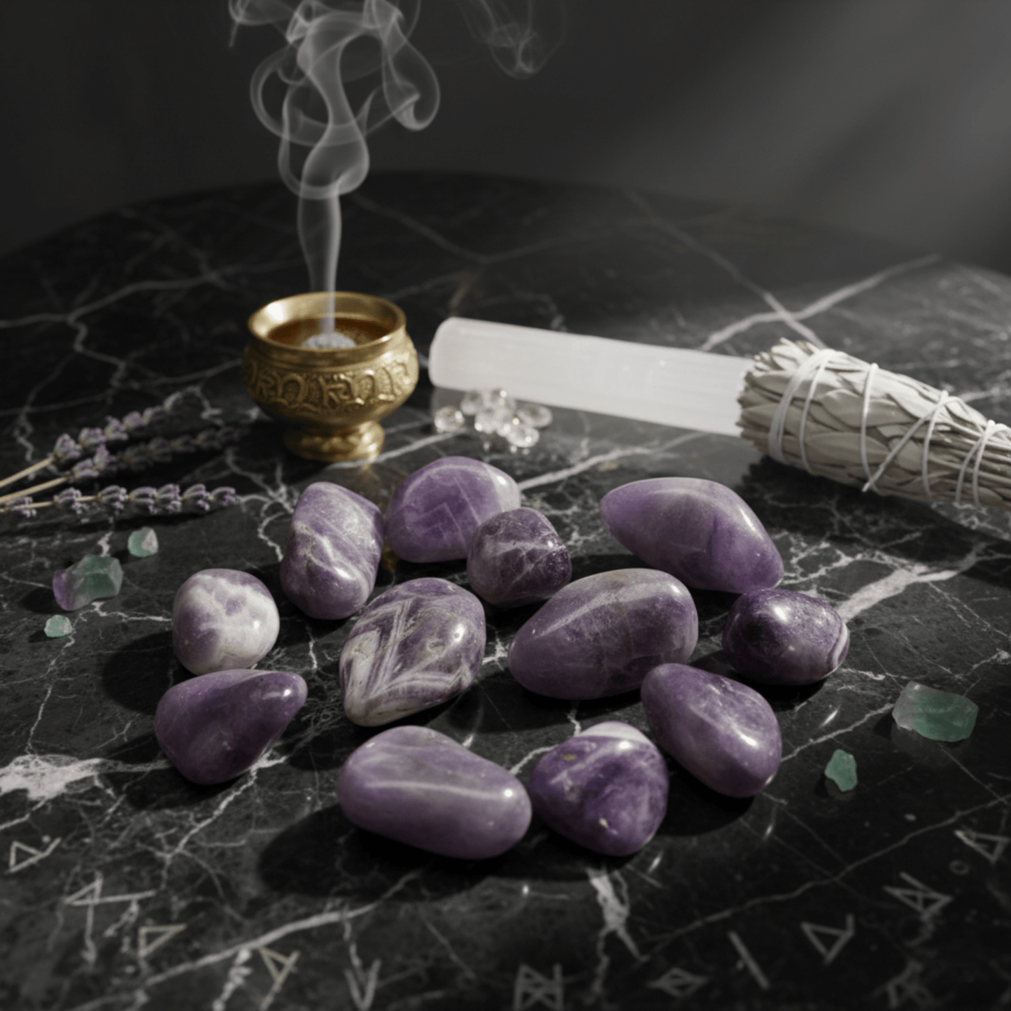 Pierres d’améthyste naturelles sur autel ésotérique, avec sauge blanche, sélénite et encens fumant — rituel de purification.