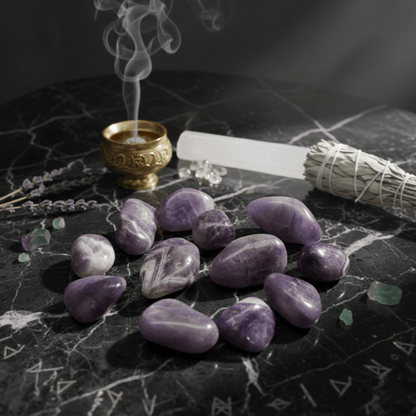 Pierres d’améthyste naturelles sur autel ésotérique, avec sauge blanche, sélénite et encens fumant — rituel de purification.