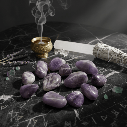Pierres d’améthyste naturelles sur autel ésotérique, avec sauge blanche, sélénite et encens fumant — rituel de purification.