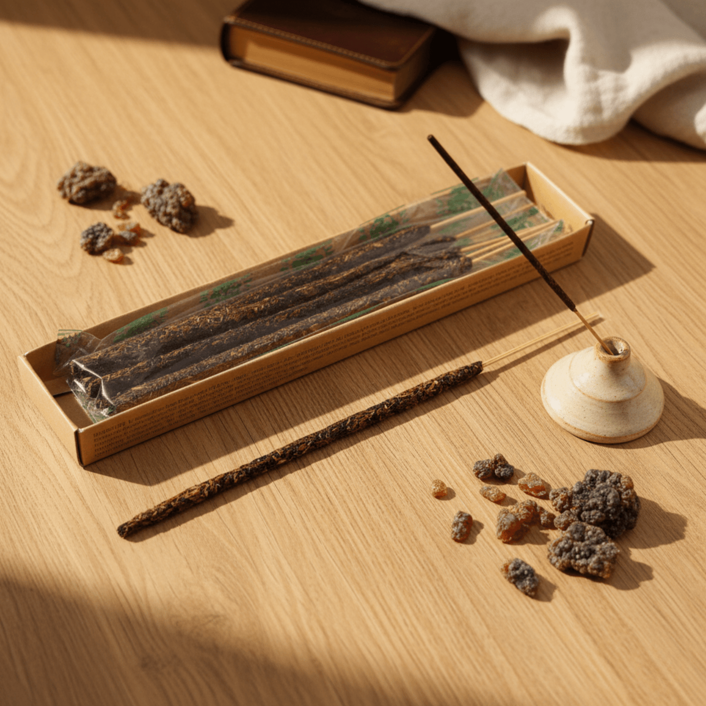 Bâtons d’encens naturel Myrrhe sur table en bois avec résine brute, porte-encens céramique et lumière douce.