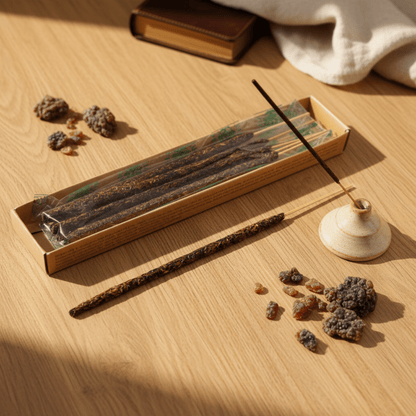 Bâtons d’encens naturel Myrrhe sur table en bois avec résine brute, porte-encens céramique et lumière douce.