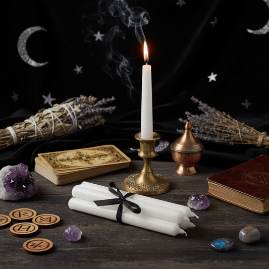Bougies d’autel blanches sur autel wicca avec encens, runes, tarot et lavande pour rituels de purification.