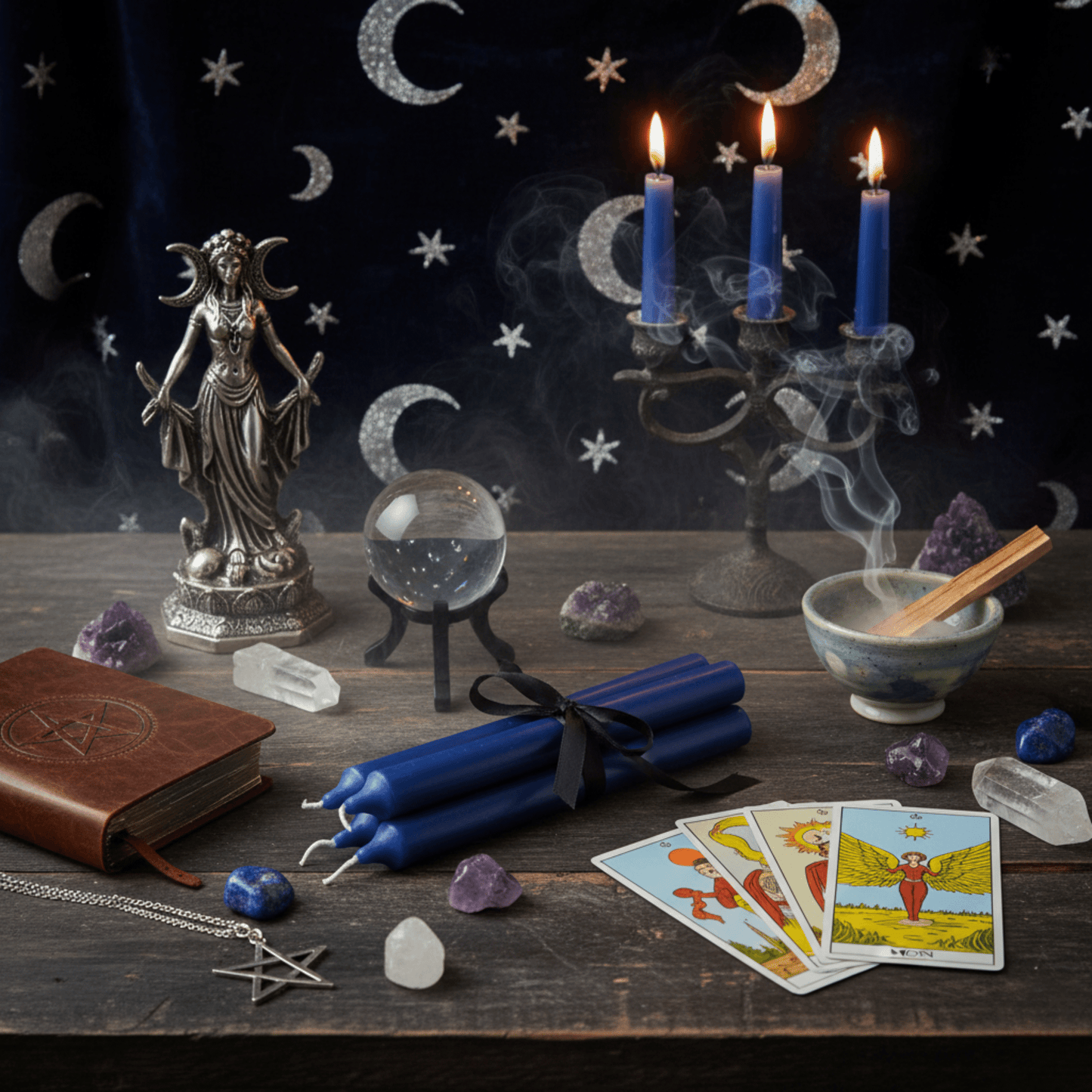 Bougies d’autel bleues sur autel wiccan avec statuette déesse, cristaux et fumigation.