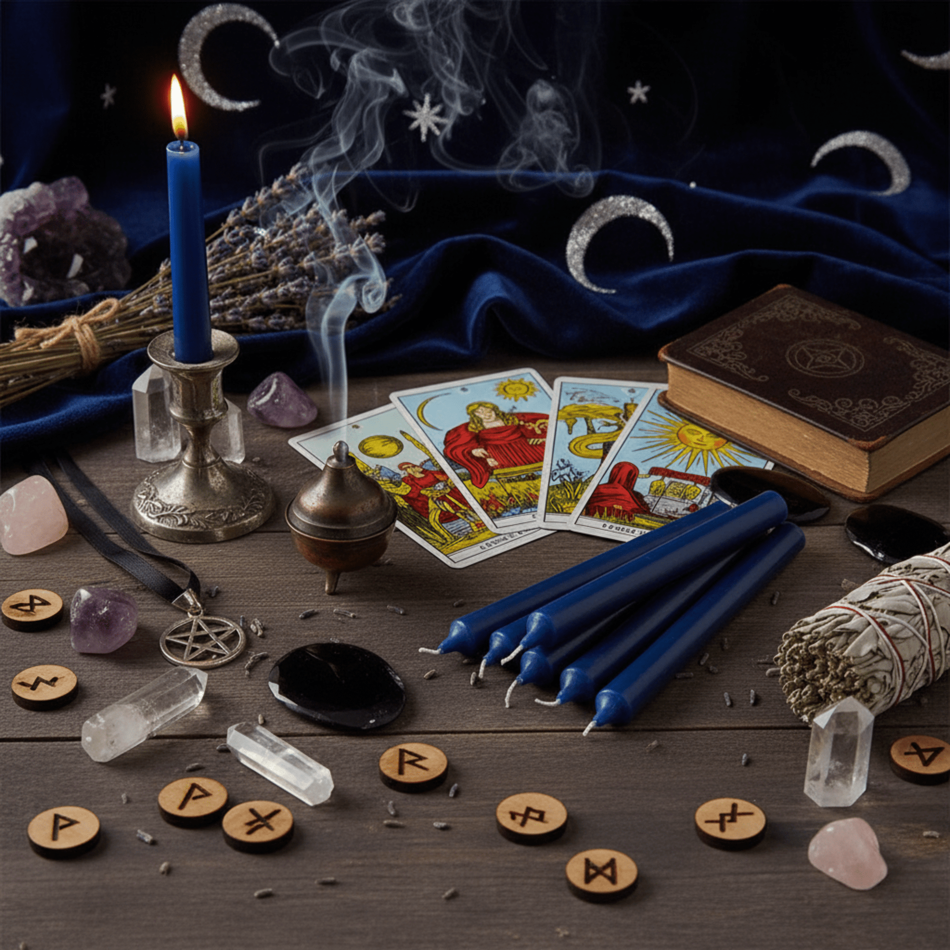 Bougies d’autel bleues pour rituels avec tarot, encens fumant et cristaux énergétiques.