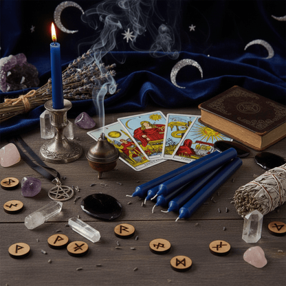 Bougies d’autel bleues pour rituels avec tarot, encens fumant et cristaux énergétiques.