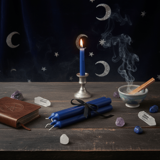 Bougie d’autel bleue allumée sur autel wicca avec encens, cristaux et carnet rituel.