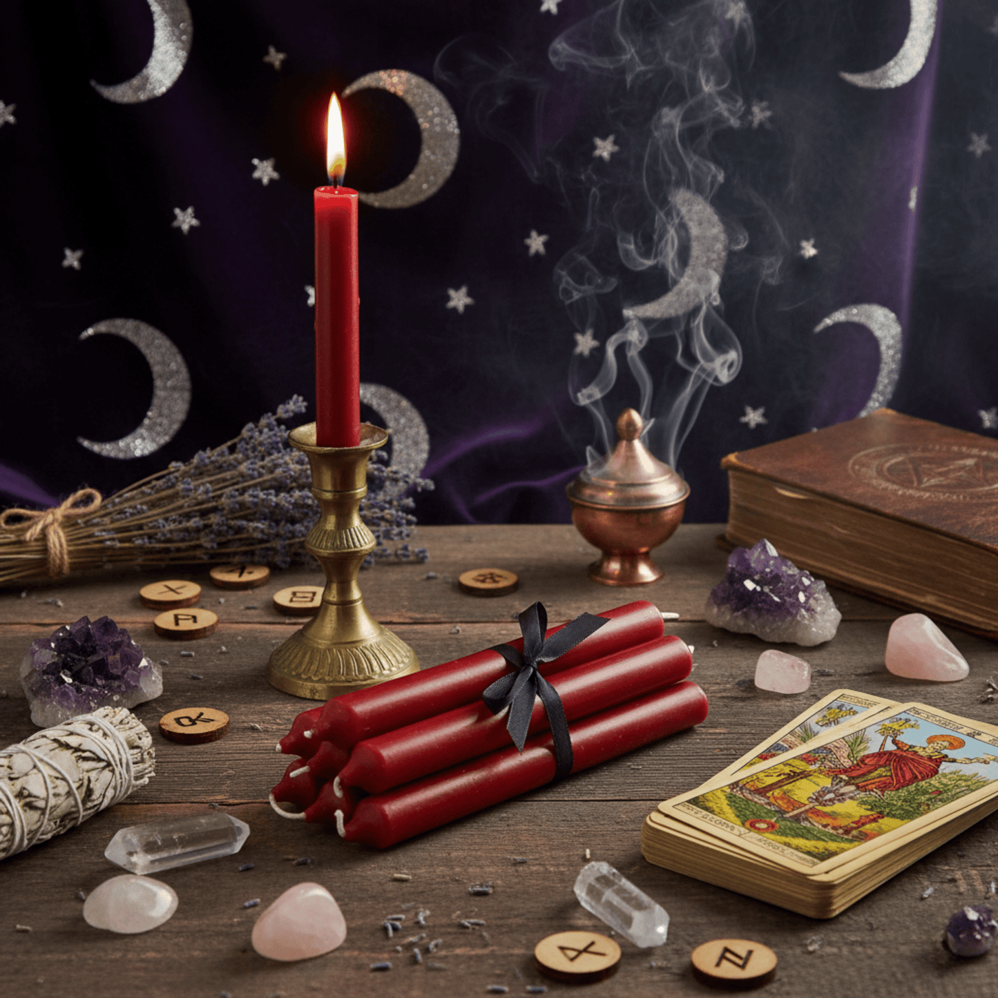 Bougie d’autel bordeaux allumée sur autel wicca avec tarot, encens et cristaux pour rituels de transformation.