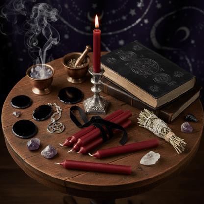 Bougies d’autel bordeaux pour magie rituelle, autel ésotérique avec grimoire, fumigation et outils spirituels.