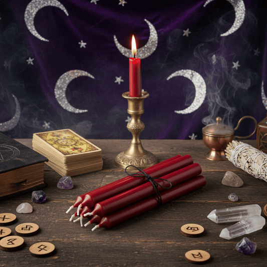 Bougies d’autel bordeaux pour rituels ésotériques, flamme rouge sombre, énergie de transformation spirituelle.