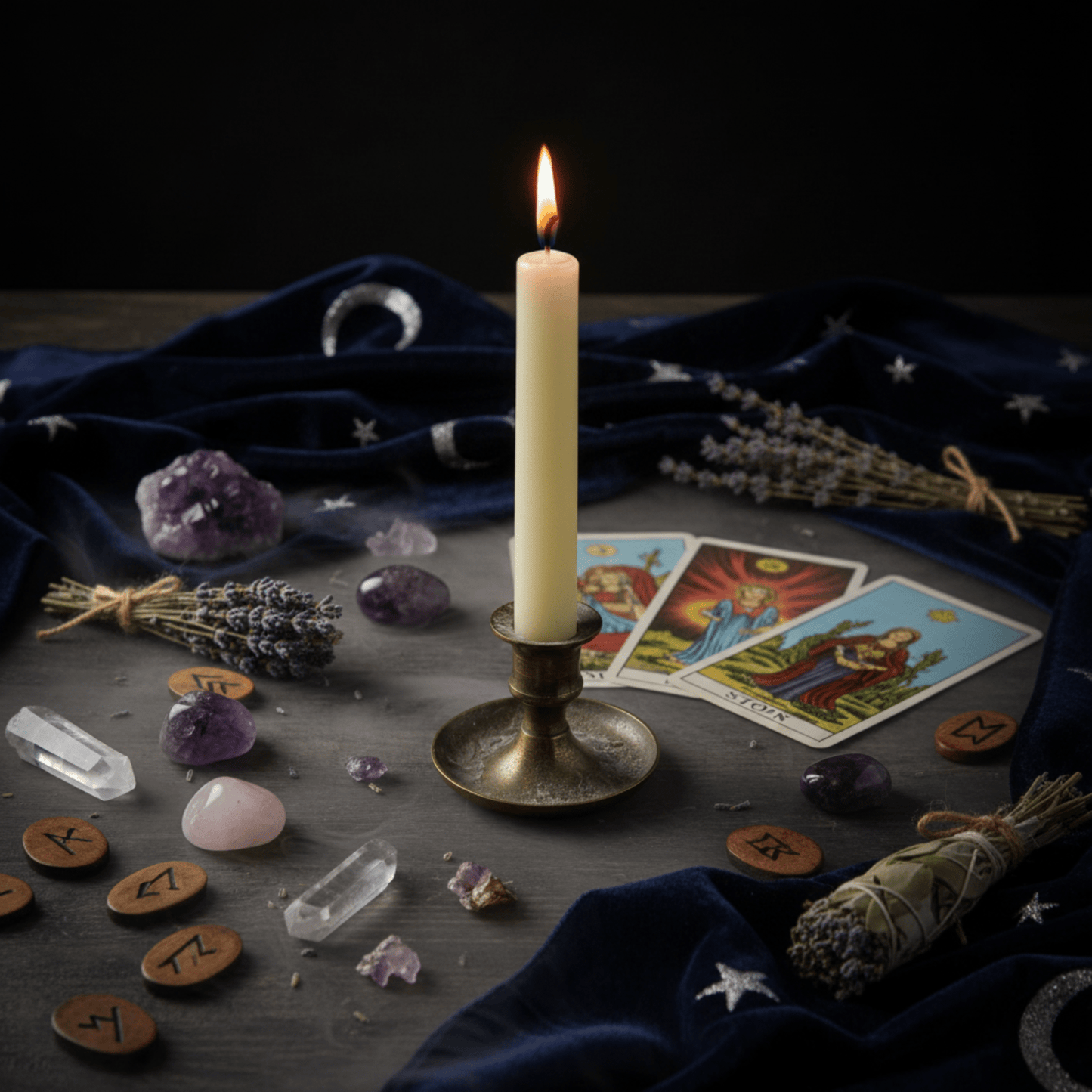 Bougie d’autel ivoire allumée avec runes, cristaux et tarot pour rituel spirituel