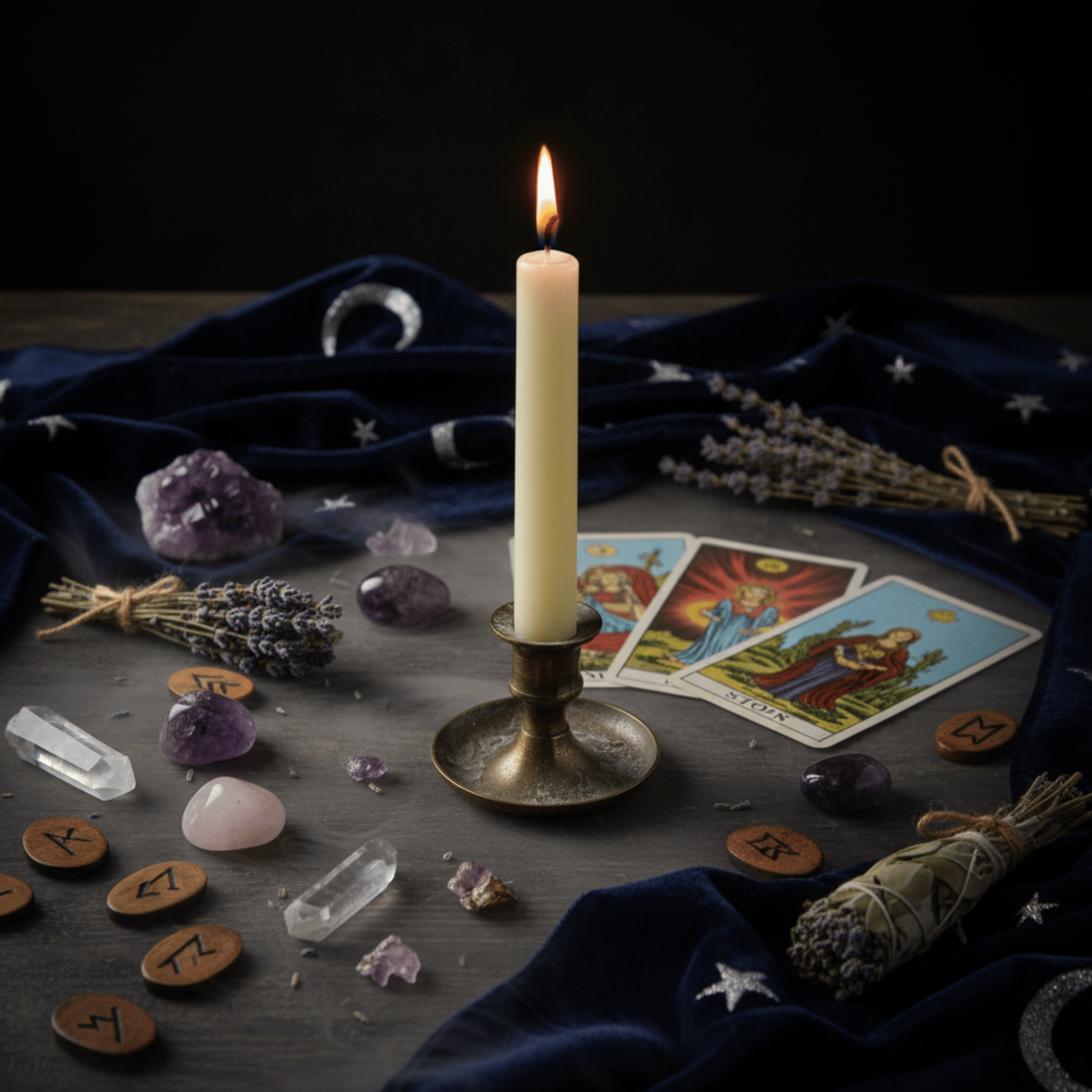 Bougie d’autel ivoire allumée avec runes, cristaux et tarot pour rituel spirituel