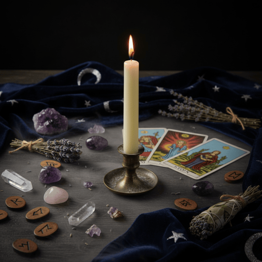 Bougie d’autel ivoire allumée avec runes, cristaux et tarot pour rituel spirituel