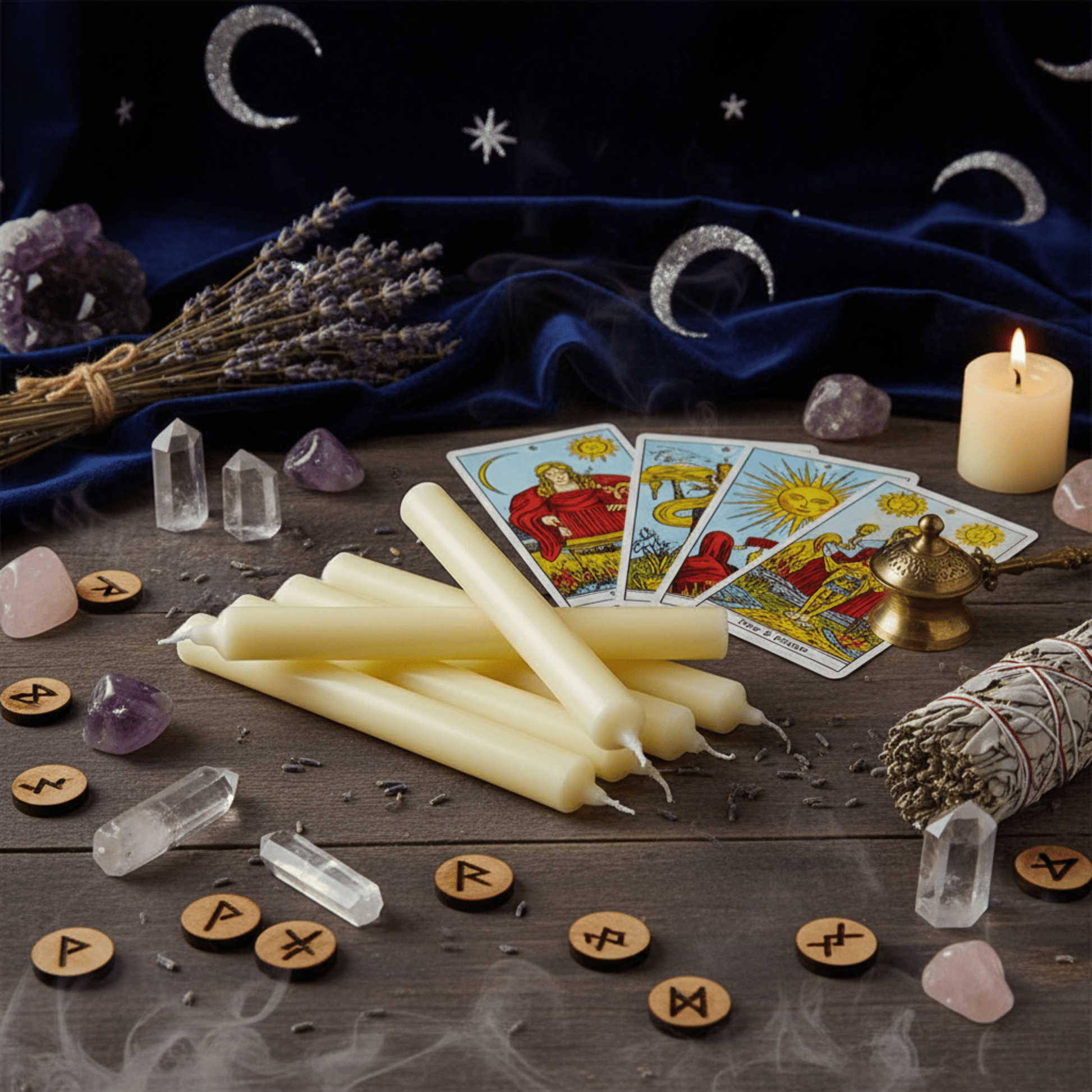 Bougies d’autel ivoire posées avec cartes de tarot, cristaux et encens pour rituels