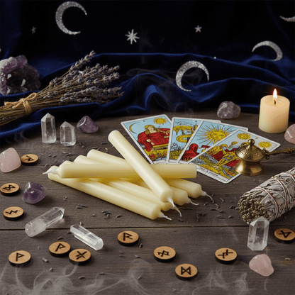 Bougies d’autel ivoire posées avec cartes de tarot, cristaux et encens pour rituels