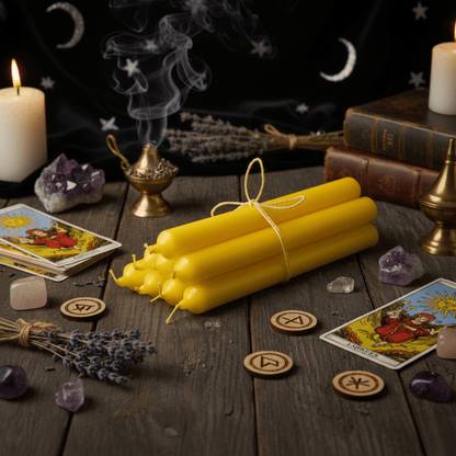 Bougies d’autel jaunes entourées de tarot, runes et cristaux pour rituels d’abondance, joie et énergie positive.