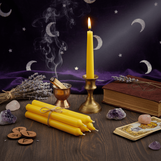 Bougie d’autel jaune allumée pour rituels de lumière, prospérité et clarté mentale, entourée d’outils ésotériques.