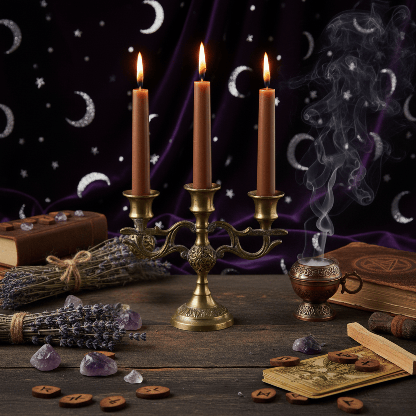 Bougies d’autel marron pour rituels d’ancrage, protection et stabilité énergétique, posées sur un autel mystique.