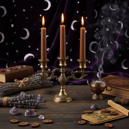 Bougies d’autel marron pour rituels d’ancrage, protection et stabilité énergétique, posées sur un autel mystique.