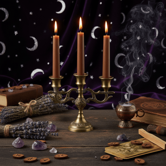 Bougies d’autel marron pour rituels d’ancrage, protection et stabilité énergétique, posées sur un autel mystique.