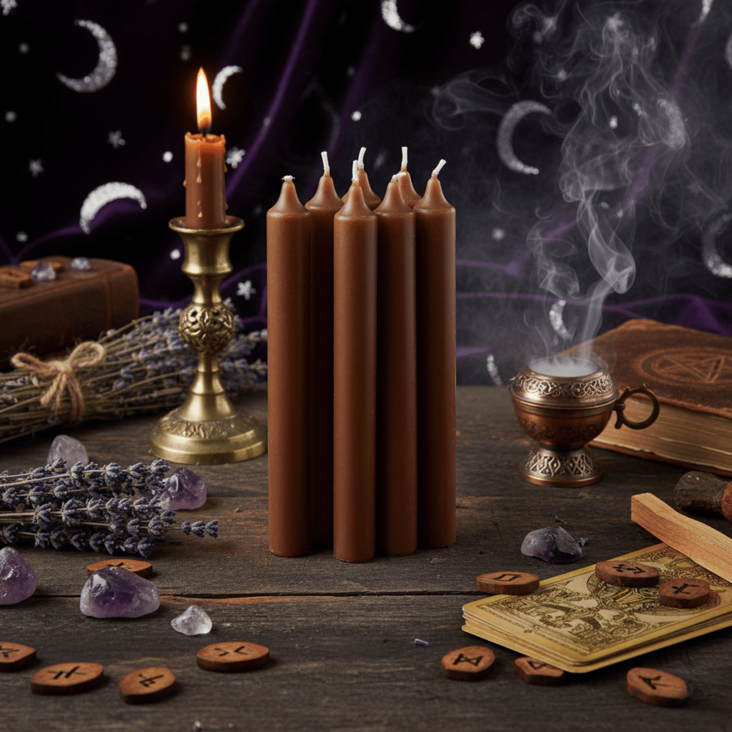 Coffret de bougies marron allumées pour magie d’ancrage et prospérité, entouré de runes, lavande et outils rituels.