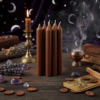 Coffret de bougies marron allumées pour magie d’ancrage et prospérité, entouré de runes, lavande et outils rituels.