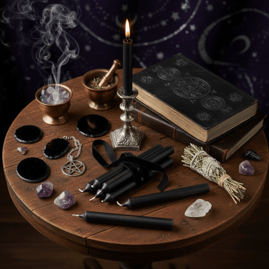 Bougies d’autel noires pour rituels de protection, purification et magie, avec encens et grimoire sur table sacrée.