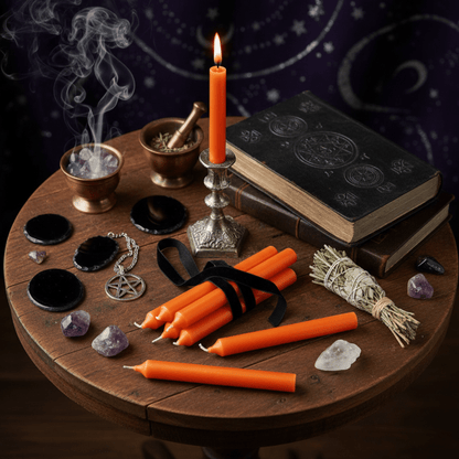 Set de bougies d’autel orange – énergie créatrice, spiritualité, rituels ésotériques, ambiance mystique.