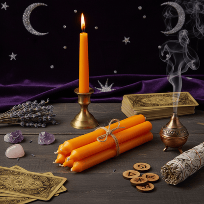 Bougies d’autel orange pour rituels – créativité, joie, énergie vitale, magie positive, ambiance ésotérique.